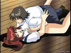 Red Head Anime Girl In Uniform Flashing Her Amazing Tits While She Gets Nailed